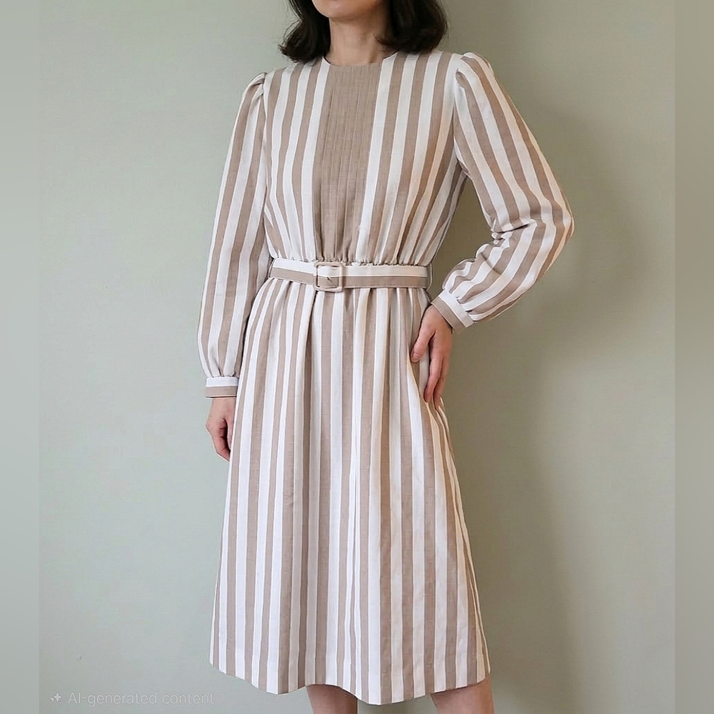Vintage Union Made Maison Missy Striped Midi Dress w/Belt Cottagecore 13/14(S/M)